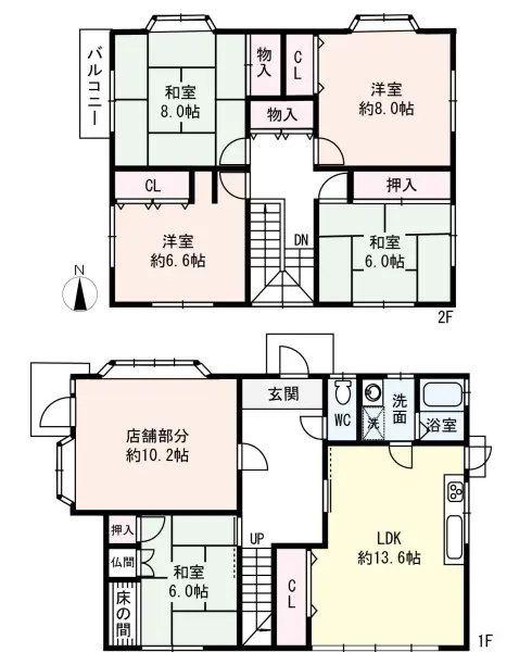 北西角地！店舗付き5LDKの間取り！
駐車スペースは3台分ございます。（車種による制限有り）