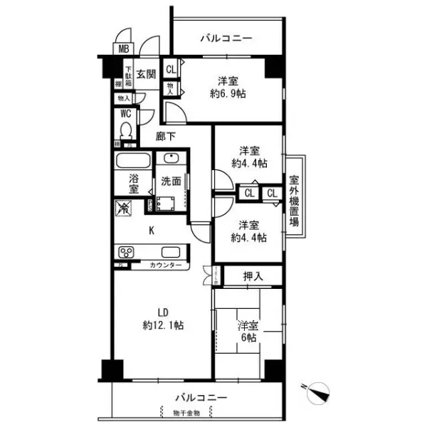 日差しがたっぷり入る南西向き角住戸。両面バルコニー付きで開放的です。
