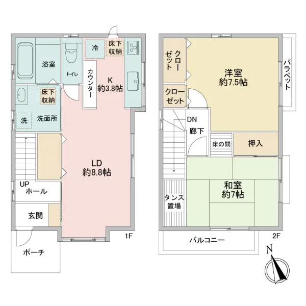 土地面積/67.51平米/建物面積/69.79平米(1階35.96平米・2階33.83平米)