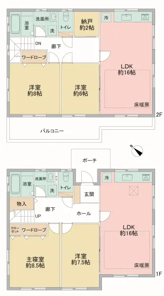 全居室6帖以上のゆとりある住まい。水回り設備は、各フロアに設けられています。