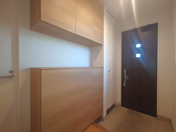 ドアから自然光が差し込む、明るい玄関。シューズボックスの他、玄関収納が備わっています。