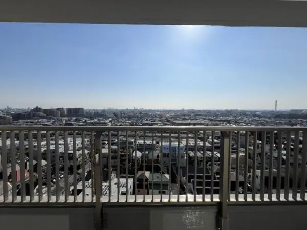 南向きバルコニーからの眺望です。前面に視界を遮る高い建物はなく、開放的な景色を楽しめます。