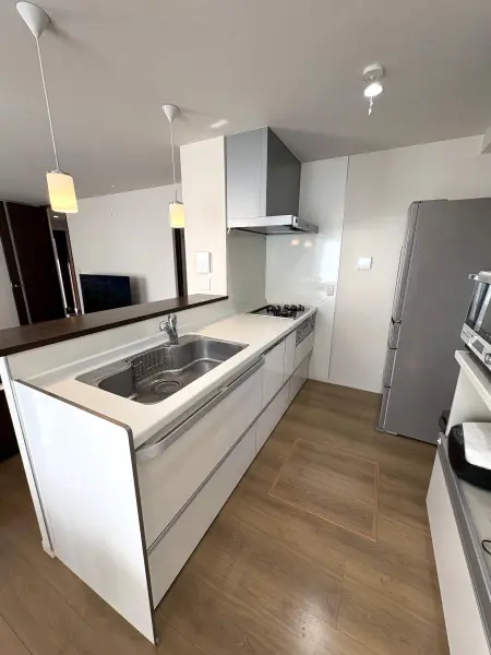 リビングの様子が見やすく、コミュニケーションがとりやすい対面式のシステムキッチンです。