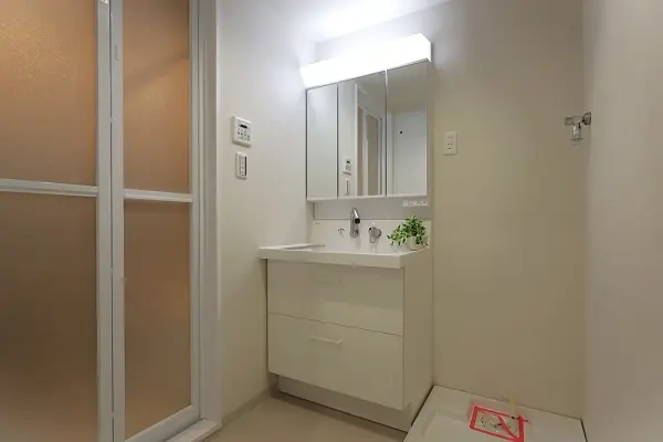 三面鏡の洗面化粧台、収納スぺ―スが設置されております。