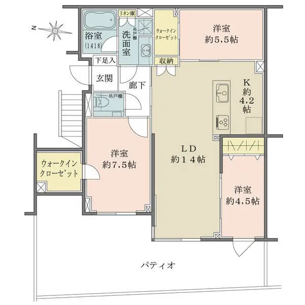 LD含む3部屋に面する広々としたパティオ付き。2ヶ所のウォークインクローゼットなど全居室に収納有。