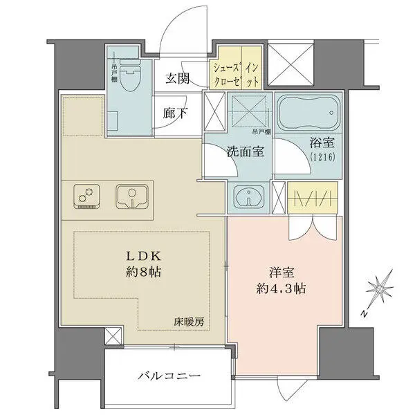 バルコニーに面した約8帖LDK。LD部分に床暖房搭載。玄関には、シューズインクローゼット付きです。