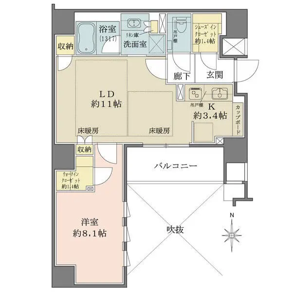 陽当り良好な角住戸。水回りや洋室がLDKに隣接し、動線良好。ウォークインクローゼットなど収納が豊富。