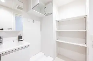 豊富な収納スペースを備えた洗面室