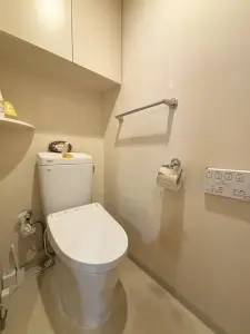 上部に吊り戸棚があるので、トイレットペーパーのストックや掃除用品を収納できます。