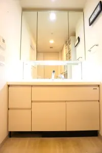 収納スペースが多い三面鏡洗面化粧台。洗面室からキッチンへの行き来が出来、水廻りの移動がスムーズです。